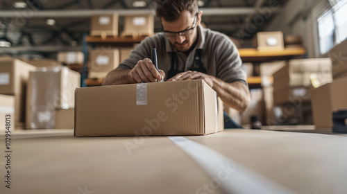 Mover sealing a large cardboard box with tape, with piles of organized boxes in the background photo