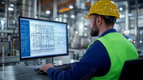 Engineering project overview: An engineer examines intricate technical diagrams on a digital screen in a cutting-edge industrial environment
