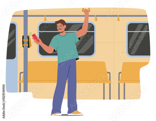 Man Makes A Contactless Payment Using Phone While Standing In Subway Train. He Taps His Phone On The Terminal Inside