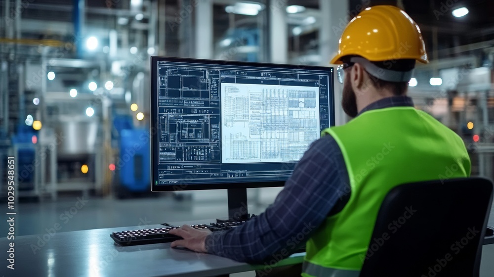 Engineering project overview: An engineer reviews complex technical drawings on a digital screen in a futuristic industrial environment Engineering project overview: An engineer reviews complex technical drawings on a digital screen in a futuristic industrial environment