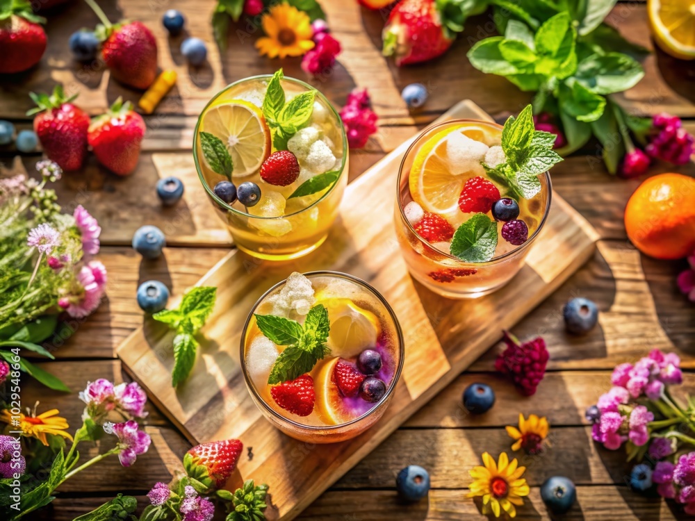 Refreshing Summer Cocktail Toast with Berries and Citrus in Sunny Outdoor Setting Refreshing Summer Cocktail Toast with Berries and Citrus in Sunny Outdoor Setting