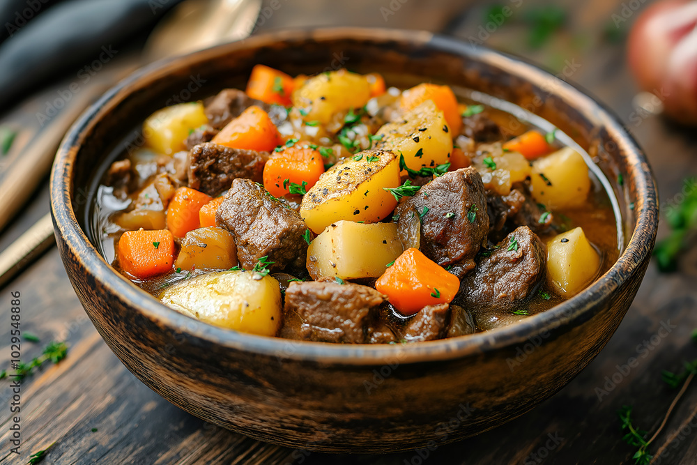 Slow-Cooked Beef Stew with Carrots and Potatoes in a Rustic Bowl A hearty bowl of slow-cooked beef stew filled with tender beef, carrots, and potatoes, Closeup delicious food photography Slow-Cooked Beef Stew with Carrots and Potatoes in a Rustic Bowl A hearty bowl of slow-cooked beef stew filled with tender beef, carrots, and potatoes, Closeup delicious food photography
