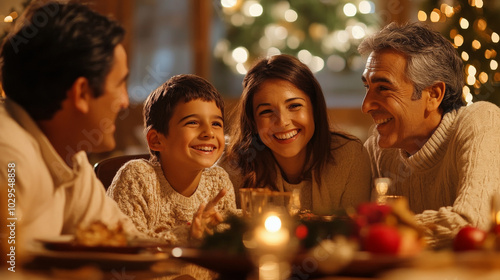 joyful family gathered around table, sharing laughter and warmth during festive meal. atmosphere is filled with love and togetherness, creating cherished memories