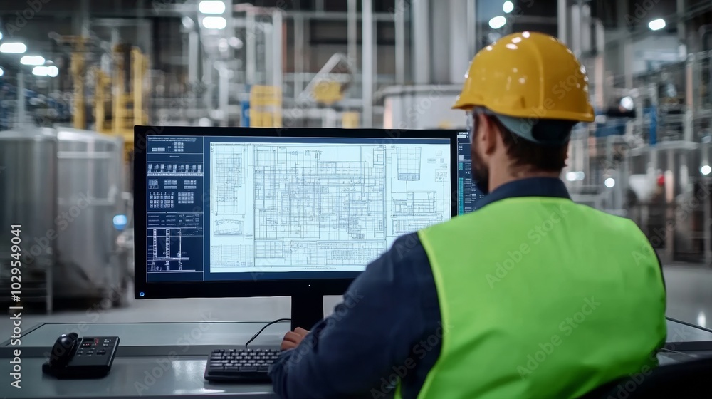 Engineering project overview: An engineer works with detailed engineering diagrams on a digital screen in a highly advanced industrial setup Engineering project overview: An engineer works with detailed engineering diagrams on a digital screen in a highly advanced industrial setup