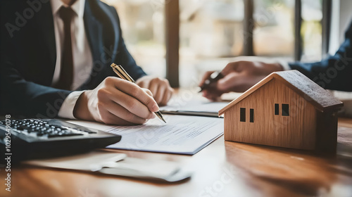 Agent immobilier concluant la vente avec les acheteurs de première maison en signant la paperasse finale.