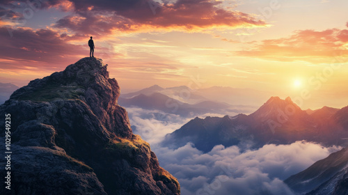 person standing on mountain peak looking out at stunning sunset over clouds, evoking sense of adventure and tranquility photo