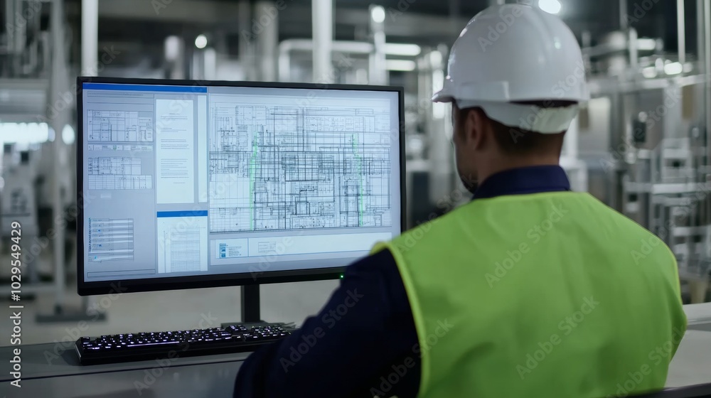 Engineering project overview: An engineer manages intricate technical schematics displayed on a digital interface in a modern industrial facility Engineering project overview: An engineer manages intricate technical schematics displayed on a digital interface in a modern industrial facility