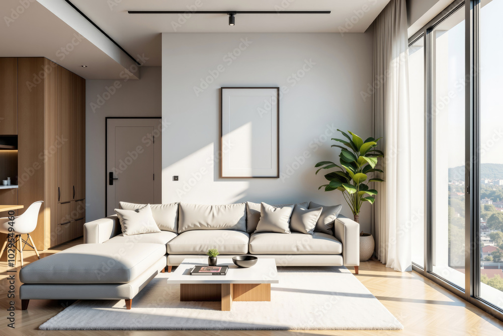 Modern living room with large windows offering stunning city views Modern living room with large windows offering stunning city views