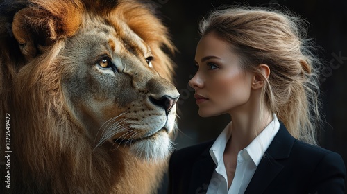 A lion and a woman in a suit stare intensely at each other. .