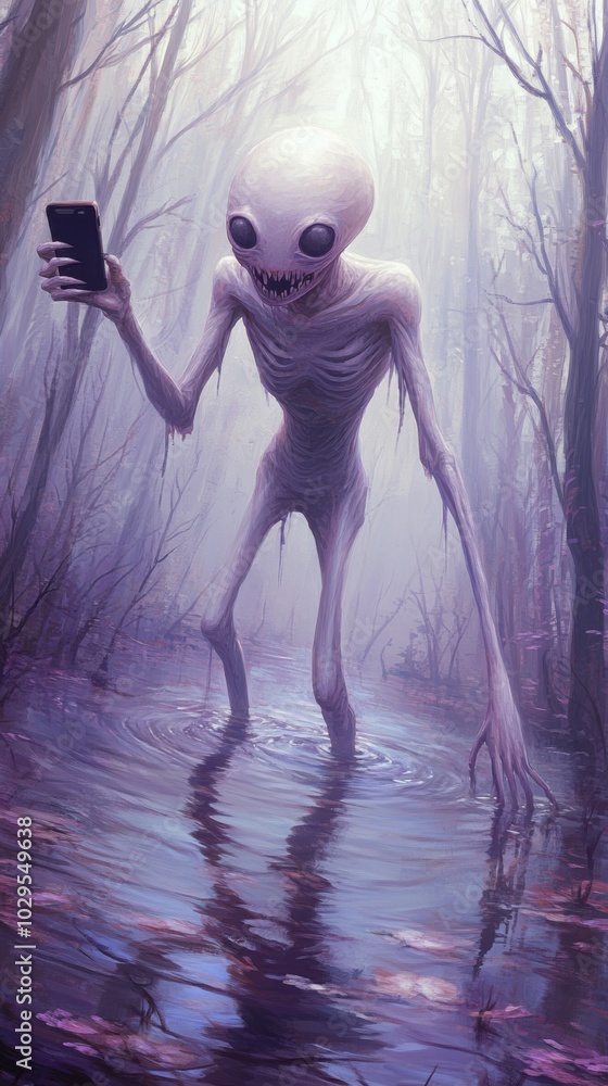 Obraz premium Alien creature takes a selfie in a misty, eerie forest swamp, AI
