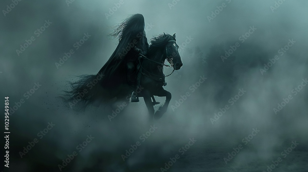A dark horseman with long hair riding through the fog, creating a mysterious... A dark horseman with long hair riding through the fog, creating a mysterious...