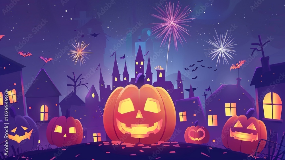 A dark purple background with pumpkins and fireworks in the sky, with... A dark purple background with pumpkins and fireworks in the sky, with...