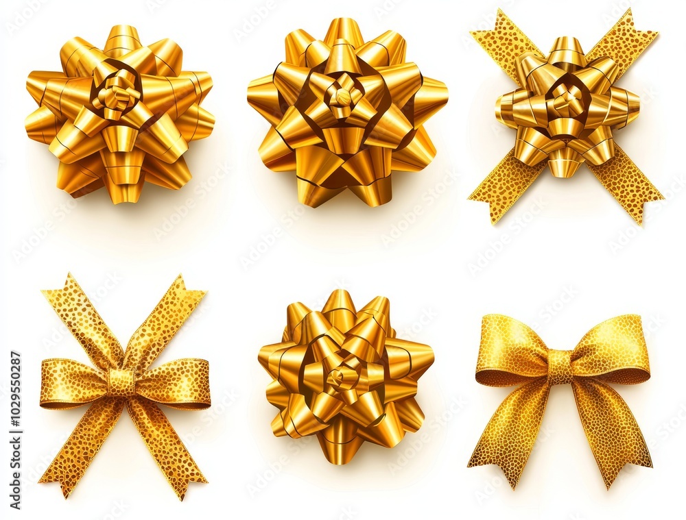 Gold bows with horizontal yellow ribbon isolated on white background. Modern design. Gold bows with horizontal yellow ribbon isolated on white background. Modern design.
