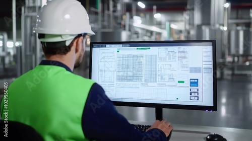 Engineering project overview: An engineer reviews detailed technical plans on a digital display in a high-tech industrial setup