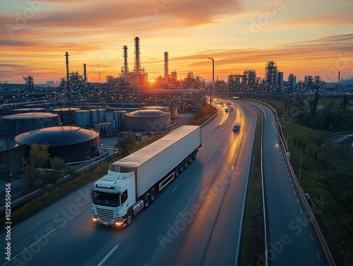 Truck on Highway Near Industrial Refinery at Sunset