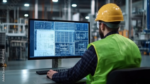 Engineering project overview: An engineer reviews detailed technical plans on a digital display in a high-tech industrial setup