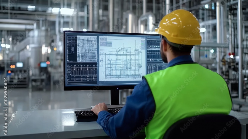 Engineering project overview: An engineer examines precise technical blueprints on a digital screen within an advanced industrial environment Engineering project overview: An engineer examines precise technical blueprints on a digital screen within an advanced industrial environment