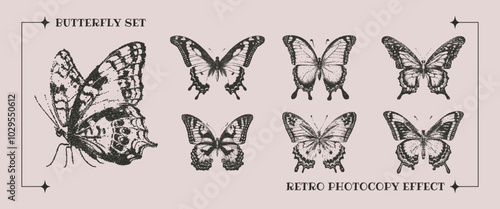 Trendy set of elements with a retro photocopy effect. Mesh grain texture for collage elements, poster banners, and covers. Vector butterflies for mixed design techniques.