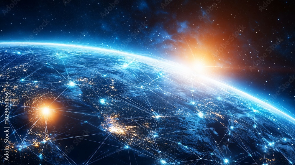 Obraz premium Earth at Night with Interconnected Network of Lines and Glowing Points