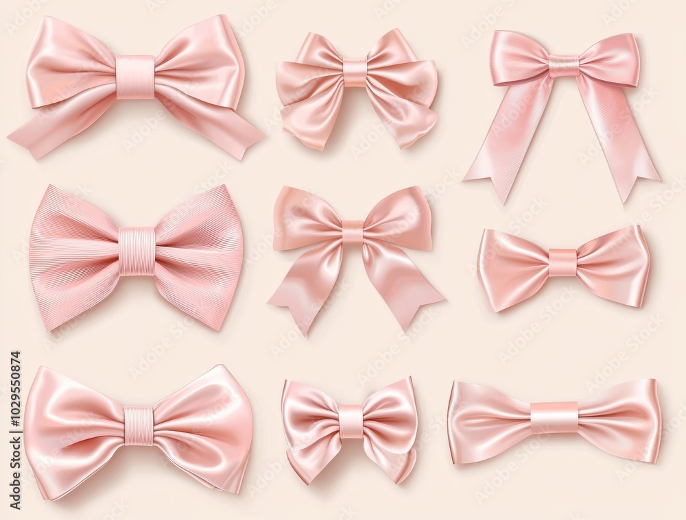 Pink bow set with horizontal pink ribbon for gift decor. Modern illustration isolated on white background Pink bow set with horizontal pink ribbon for gift decor. Modern illustration isolated on white background