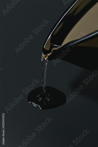 Close-up of golden liquid pouring from a sleek black container against a dark background, ideal for product advertising or branding.