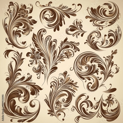 A set of ornate calligraphic vintage elements, dividers, and page decorations designed in a modern and ornamental style.