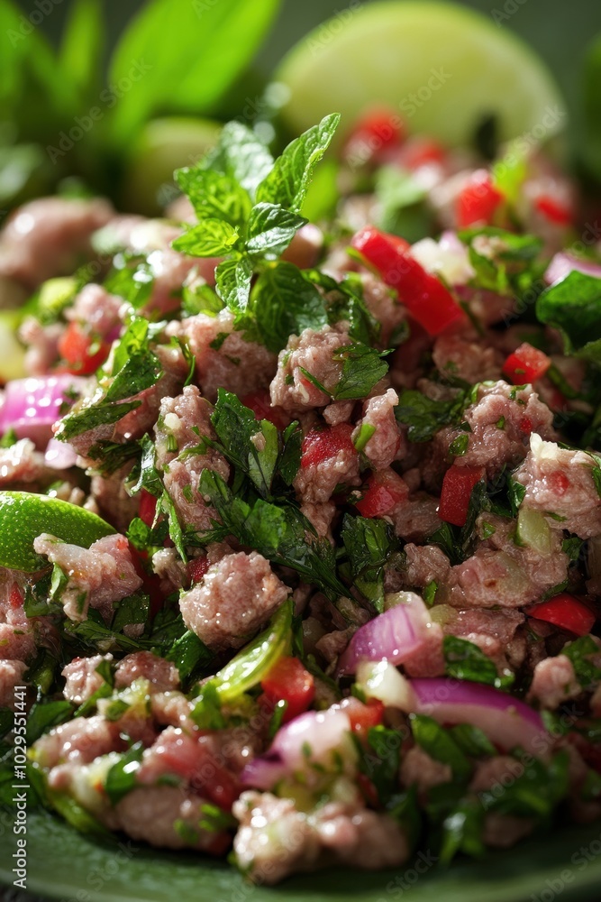 Vibrant Thai Salad: A colorful blend of minced meat, herbs, and vegetables garnished with lime, perfect for culinary inspiration. Vibrant Thai Salad: A colorful blend of minced meat, herbs, and vegetables garnished with lime, perfect for culinary inspiration.