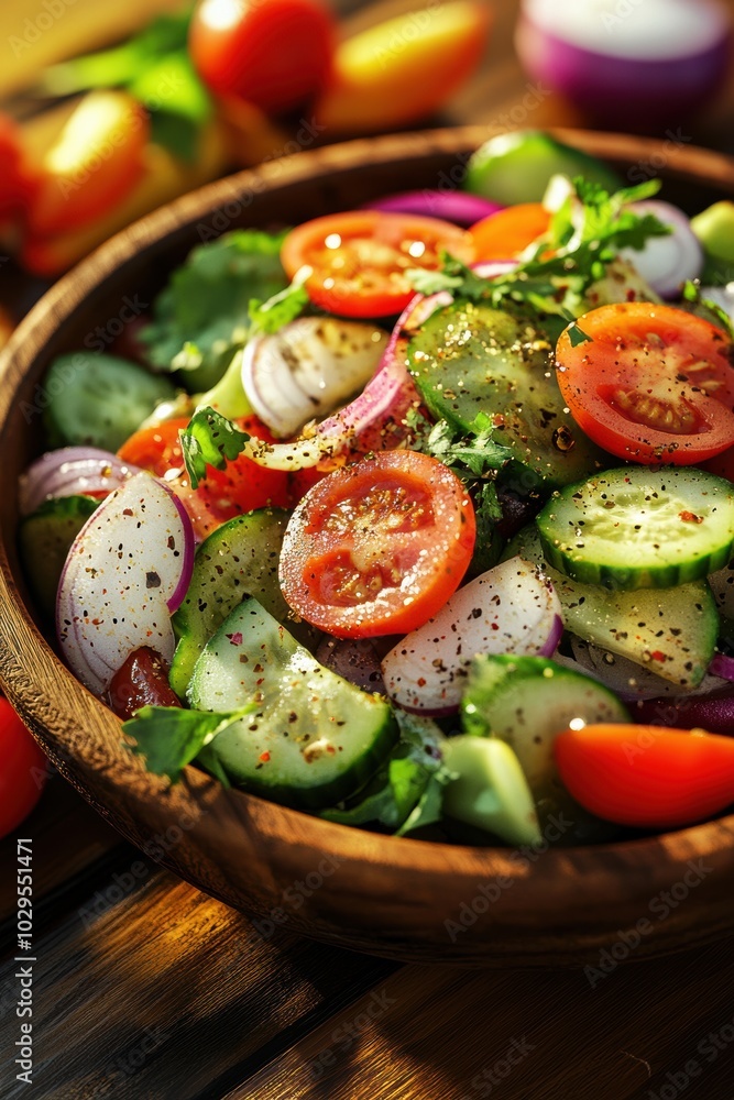 Vibrant Salad Bowl: Fresh vegetables in a wooden bowl, featuring tomatoes, cucumbers, and herbs for healthy meal ideas. Vibrant Salad Bowl: Fresh vegetables in a wooden bowl, featuring tomatoes, cucumbers, and herbs for healthy meal ideas.