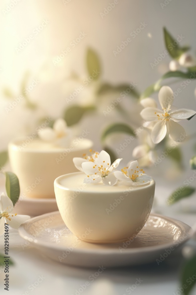 Elegant Dessert Presentation: Creamy panna cotta topped with delicate white flowers on a soft, blurred background, perfect for culinary art. Elegant Dessert Presentation: Creamy panna cotta topped with delicate white flowers on a soft, blurred background, perfect for culinary art.