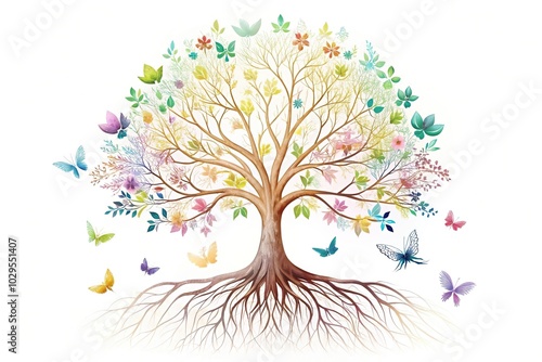 Pastel colored Tree of Life with doves and butterflies on white background