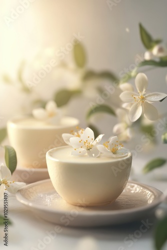 Elegant Dessert Presentation: Creamy panna cotta topped with delicate white flowers on a soft, blurred background, perfect for culinary art.