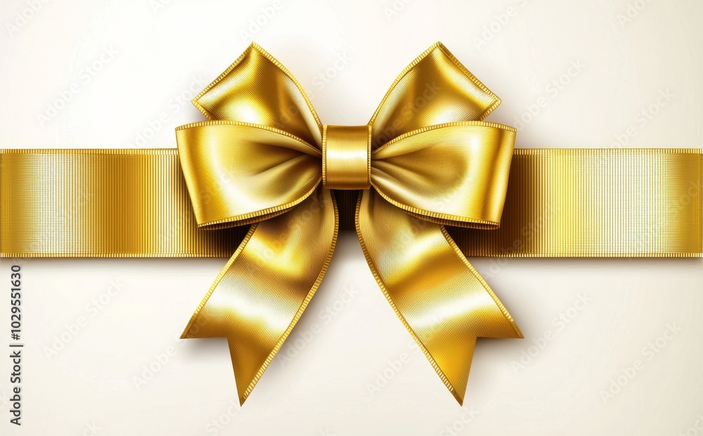 Isolated golden satin bows with horizontal ribbons on a white background. Modern holiday decoration. Isolated golden satin bows with horizontal ribbons on a white background. Modern holiday decoration.
