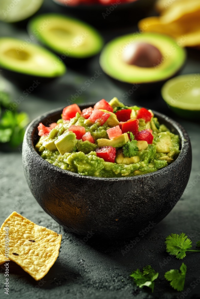 Fresh Guacamole in a Stone Bowl: Colorful Avocado Dip with Tomatoes and Chips, Ideal for Culinary Displays Fresh Guacamole in a Stone Bowl: Colorful Avocado Dip with Tomatoes and Chips, Ideal for Culinary Displays