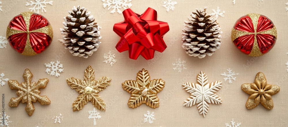 The composition consists of a golden gift box with red ribbon, fir branches, cones, stars, Christmas cookies, cinnamon, top view, copy space, and a banner.