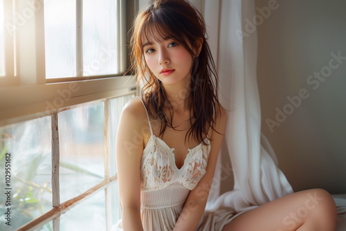 白いキャミワンピで窓辺に佇む美しいモデル Free Download 白いキャミワンピで窓辺に佇む美しいモデル - GFXLoad