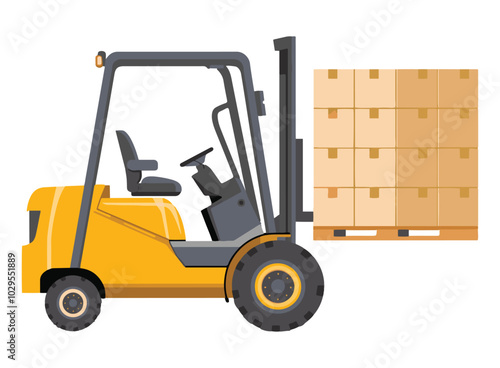 Forklift truck lifting large boxes. Flat style vector illustration representing logistics, delivery, and warehouse equipment. Ideal for storage, transportation, and industrial-themed designs.