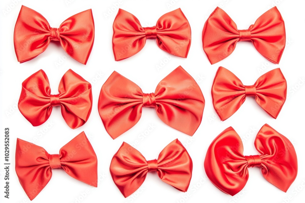 This design set consists of a white background with a top view of a red handmade bow, a red satin ribbon, and three kinds of knots. Closeup design elements, clipping path. This design set consists of a white background with a top view of a red handmade bow, a red satin ribbon, and three kinds of knots. Closeup design elements, clipping path.