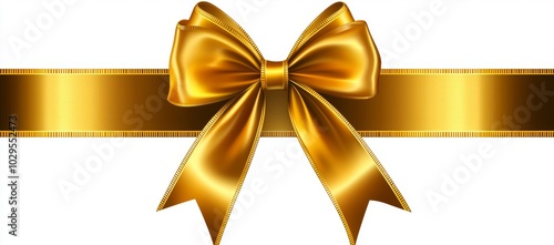 Modern yellow bow with gold ribbon and gold bow on white background.