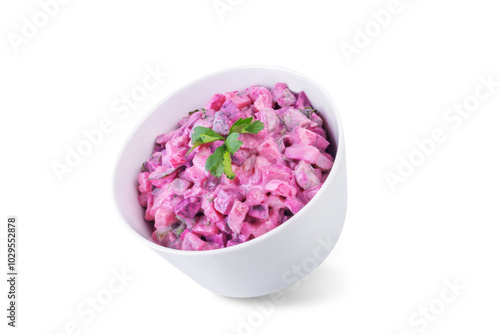 Beet hirring mayonnaise salad vinaigrette in a bowl on a white isolated background photo