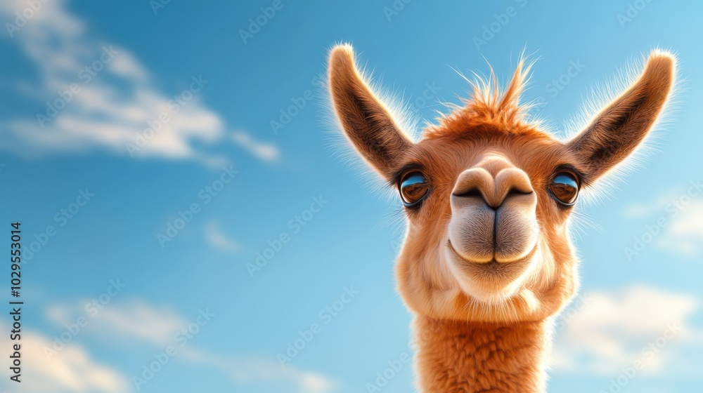 Obraz premium A gentle llama with fluffy fur peacefully stands underneath a blue sky with soft clouds, its calming presence bringing a sense of joy and serenity.