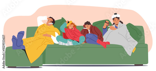 Cartoon Family Characters Are Lying On A Couch, All Appearing Sick. Each Of Them Is Wrapped In Blankets