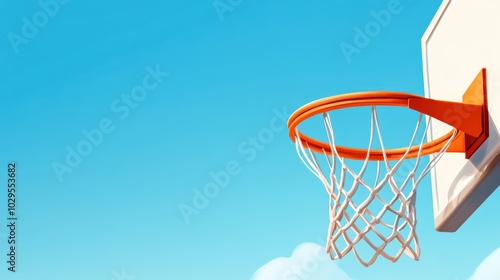 A basketball hoop set against a vivid blue sky, featuring a net gently swaying amidst fluffy white clouds in a bright day setting.