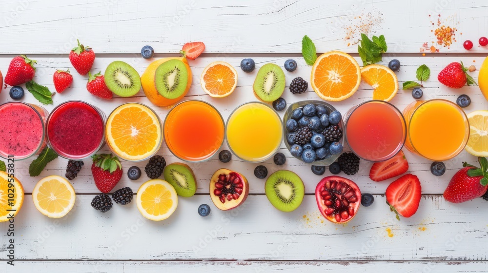 Diverse Smoothies and Juices with Fresh Fruits and Berries 