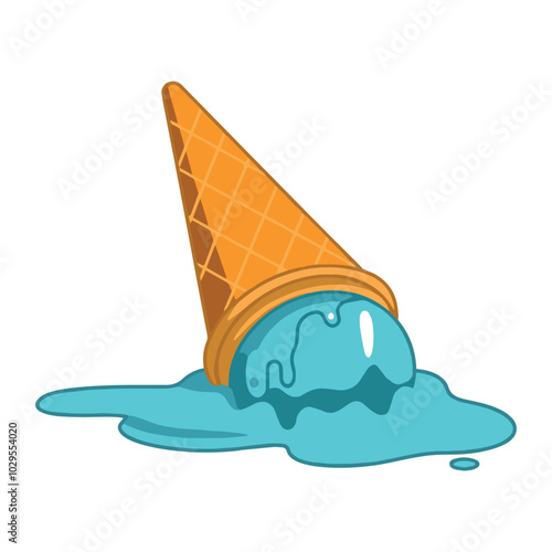 Melted ice cream in a cone. Flat cartoon illustration of a dessert that fell to the ground