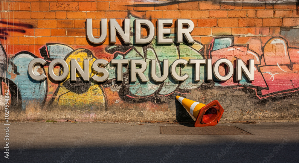 Construction cone against graffiti wall in urban setting displaying under construction sign Construction cone against graffiti wall in urban setting displaying under construction sign