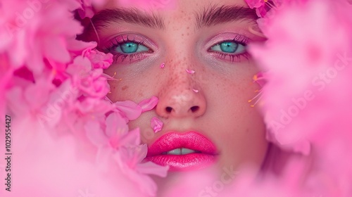 Close-Up Portrait of Woman Surrounded by Pink Flowers, Vibrant and Artistic Look, Bold Beauty Concept, Minimalistic and Colorful Aesthetic, Copy Space for Branding or Text