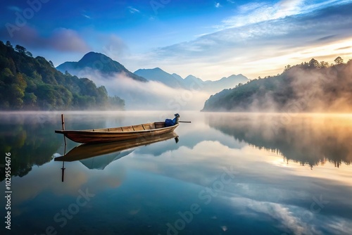 Mountain fog on long tail boat in morning photo