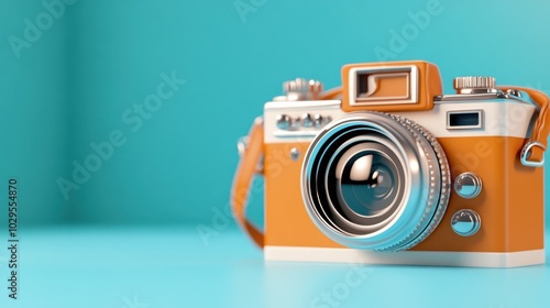 Illustration of a vintage-style orange camera displayed on a contrasting blue backdrop, emphasizing an artistic and nostalgic feel through modern digital art.