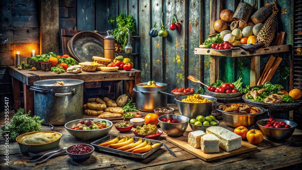 Fototapeta premium Rustic Food Spread in a Metal Bunker Setting for Unique Culinary Photography