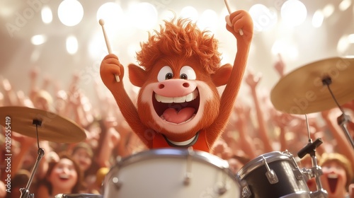 An animated cow joyfully plays drums on stage in front of a lively crowd, showcasing musical talent and excitement in a colorful, energetic cartoon setting.